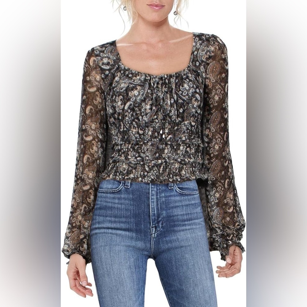 Free People Lolita Top in Black Combo Paisley Smocked Frayed Raw Hem Long Sleeve
